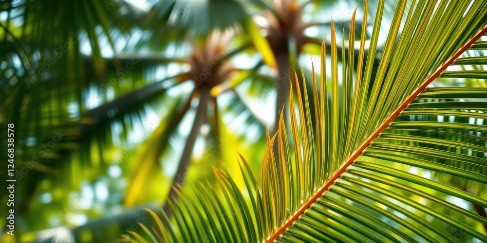 Vibrant Palm Frond Close-up with Defocused Tropical Background Vibrant Palm Frond Close-up with Defocused Tropical Background