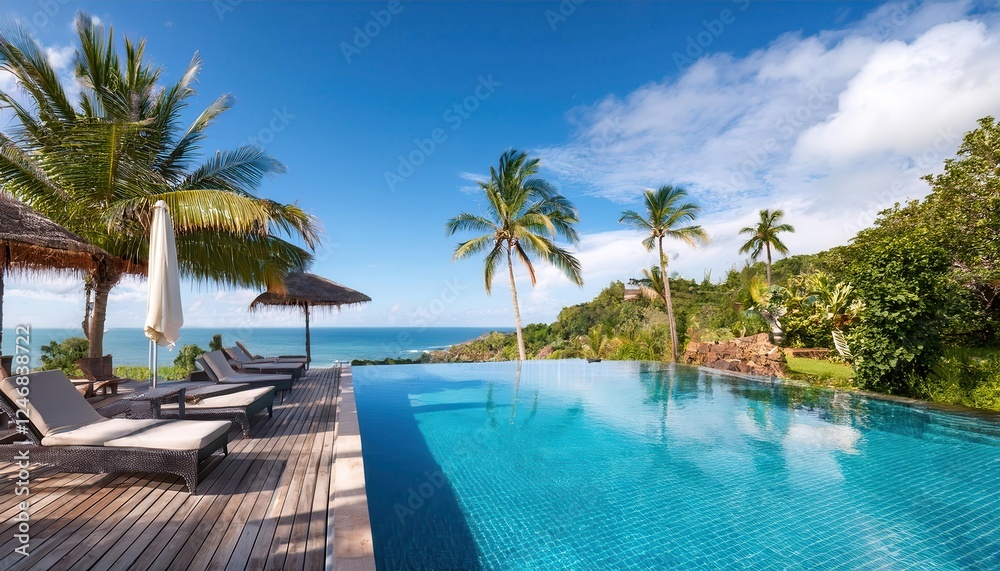 Fototapeta premium Basking in the vibrant summer sun by an expansive pool overlooking the serene ocean