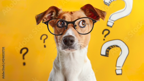Curious and perplexed dog has a lot of questions, confused dog student, study learning education concept.