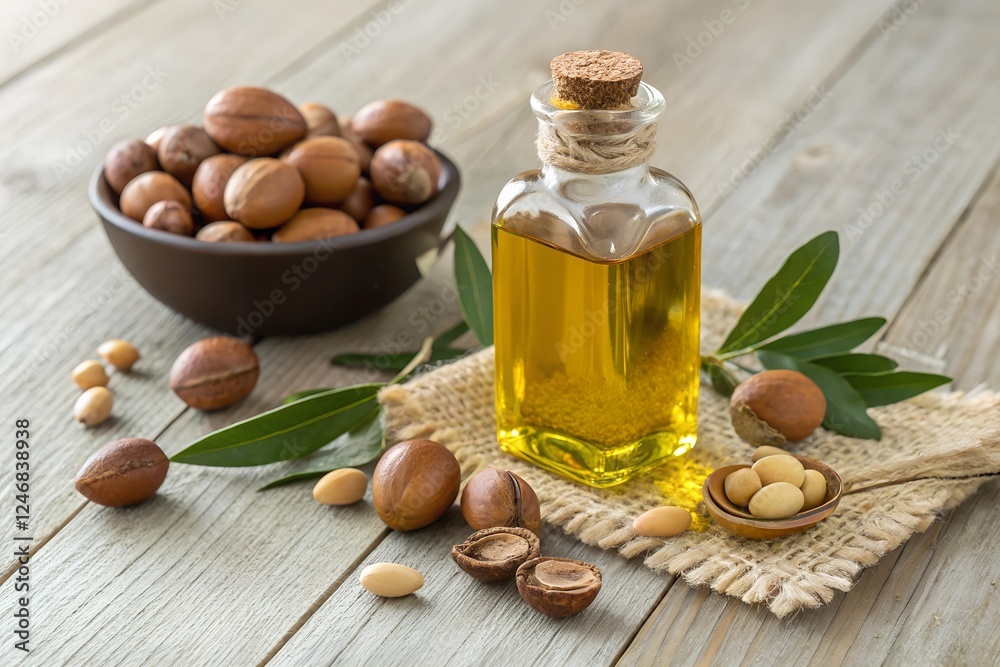 Argan Oil and Nuts on Wooden Table Argan Oil and Nuts on Wooden Table