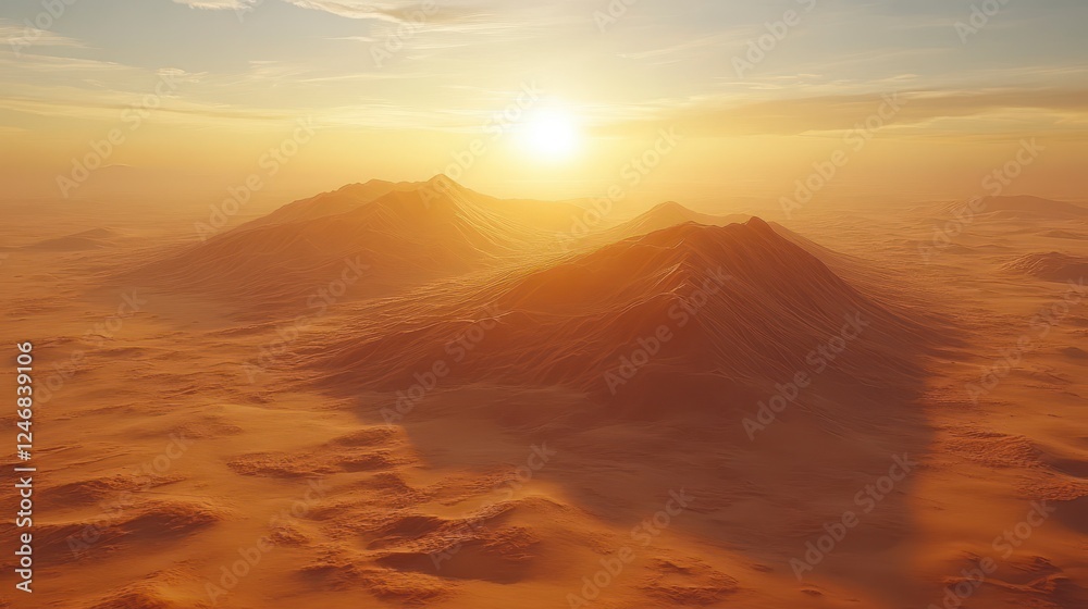 Desert sunset landscape, mountains, aerial view, travel poster Desert sunset landscape, mountains, aerial view, travel poster