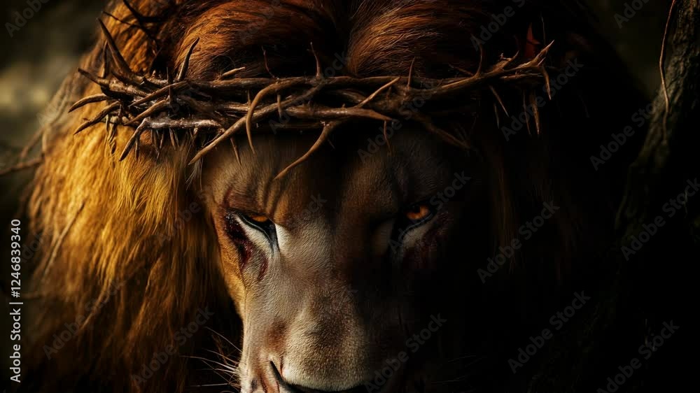 The lion of jesus a powerful symbol of strength and sacrifice with a crown of thorns

