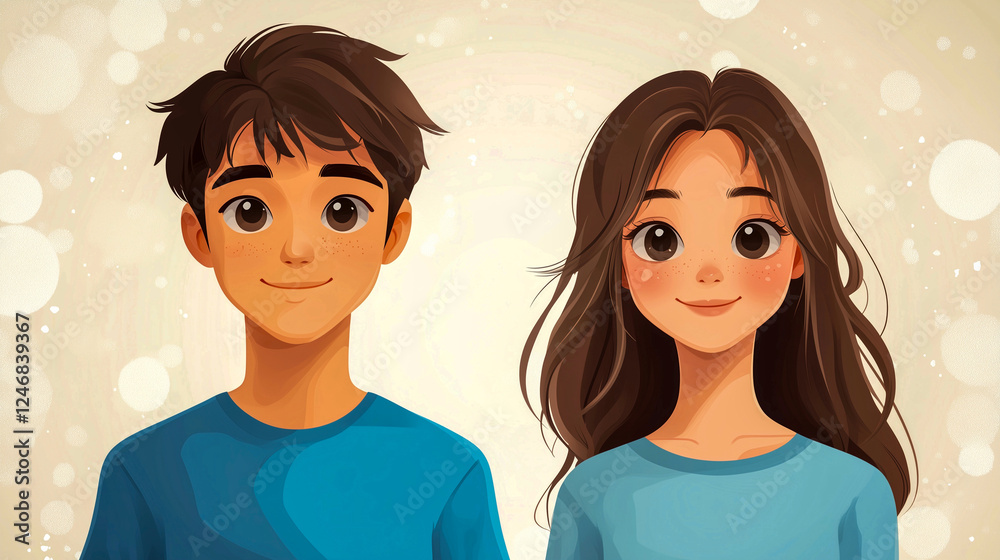 Two smiling young people pose together with warm smiles in an illustrated style against a soft background Two smiling young people pose together with warm smiles in an illustrated style against a soft background