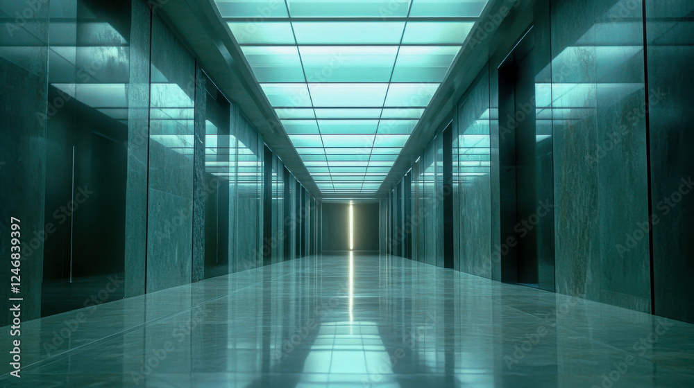 Long empty office hallway with vanishing point creates a sense of isolation and quiet in a modern corporate environment during daytime Long empty office hallway with vanishing point creates a sense of isolation and quiet in a modern corporate environment during daytime