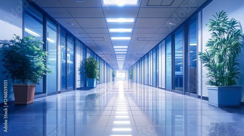 Long empty office hallway with vanishing point creates a sense of isolation and quiet in a modern corporate environment during daytime