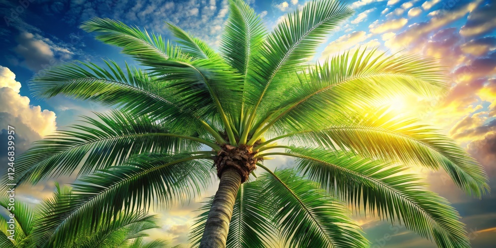 Lush Green Palm Trees Under A Vibrant Sky at Sunset Lush Green Palm Trees Under A Vibrant Sky at Sunset