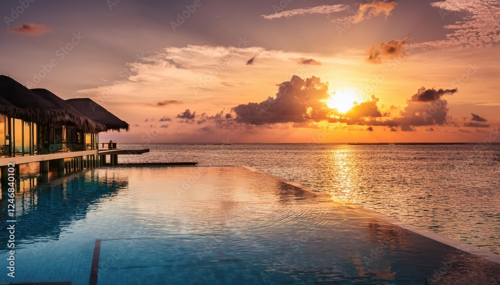 Vibrant sunset over a tranquil ocean at a tropical resort with infinity pool reflecting colors Vibrant sunset over a tranquil ocean at a tropical resort with infinity pool reflecting colors