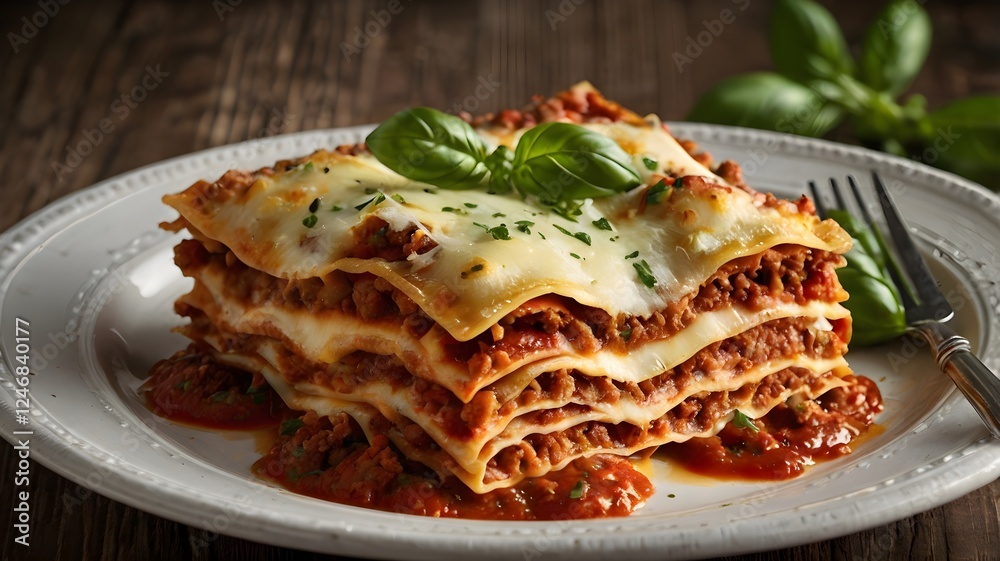 Fototapeta premium Classic Lasagna with Hearty Tomato Sauce – A Taste of Italy in Every Bite