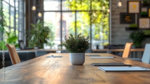 Cozy and Bright Office Space with Indoor Plants and Table