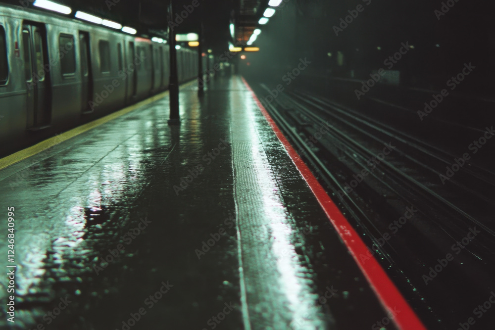 A train station with a wet platform and a red line on the ground A train station with a wet platform and a red line on the ground