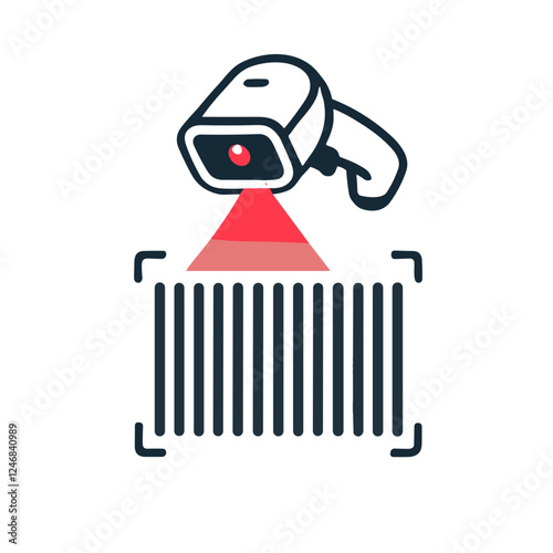 Minimalist barcode scanner icon, clean and modern style, flat design emitting a red laser beam over a barcode on a plain white background