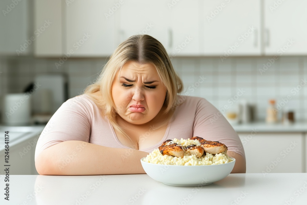 A woman visibly dissatisfied with meal reflects challenges in maintaining low-carbohydrate diet, emphasizing keto-friendly choices for weight loss. Concept focuses on low-carbohydrate diet A woman visibly dissatisfied with meal reflects challenges in maintaining low-carbohydrate diet, emphasizing keto-friendly choices for weight loss. Concept focuses on low-carbohydrate diet