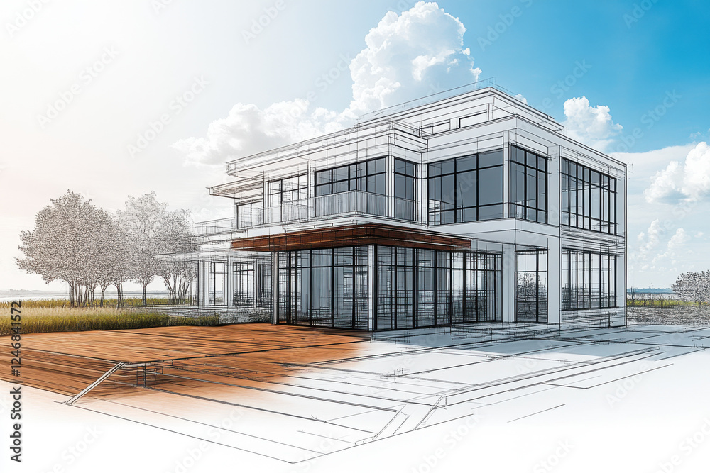 Obraz premium Architectural design of a modern house with glass exterior and scenic surroundings near the coast featuring a clear blue sky and light clouds