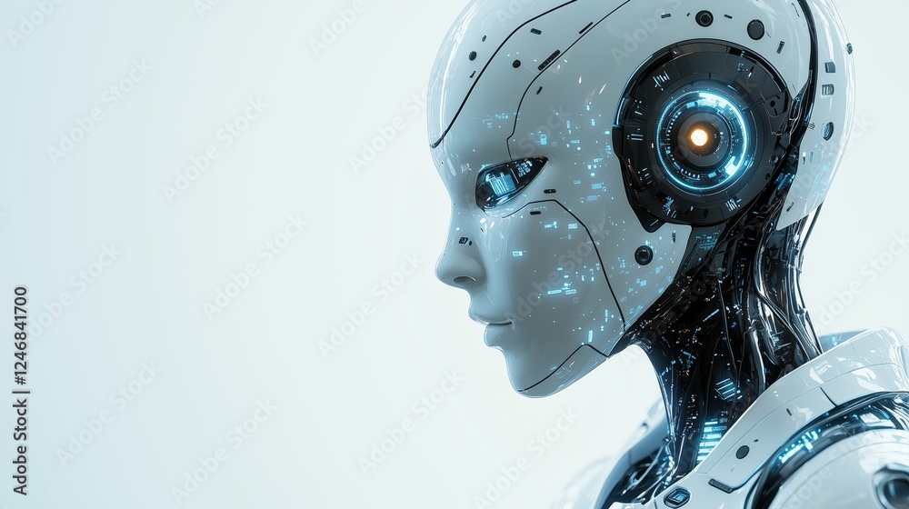 Fototapeta premium Futuristic Robot Portrait with Glowing Blue Features