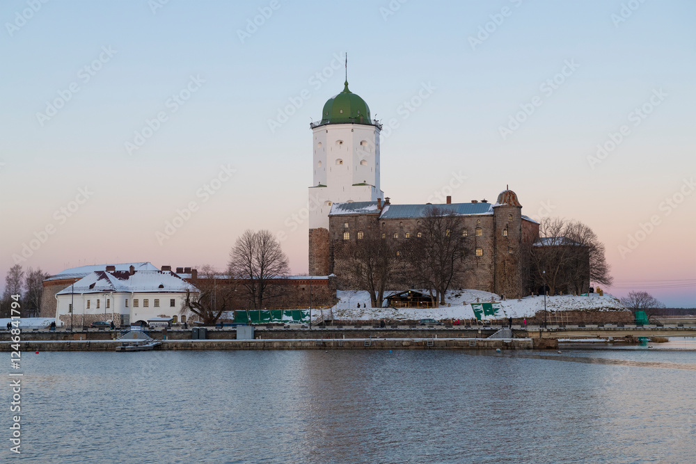 View of the ancient Vyborg Castle in November twilight View of the ancient Vyborg Castle in November twilight
