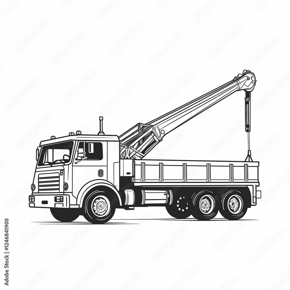 Naklejka premium The truck crane, angle view, badge, simple black and white sketch on a white background, picture, image for printing, cargo