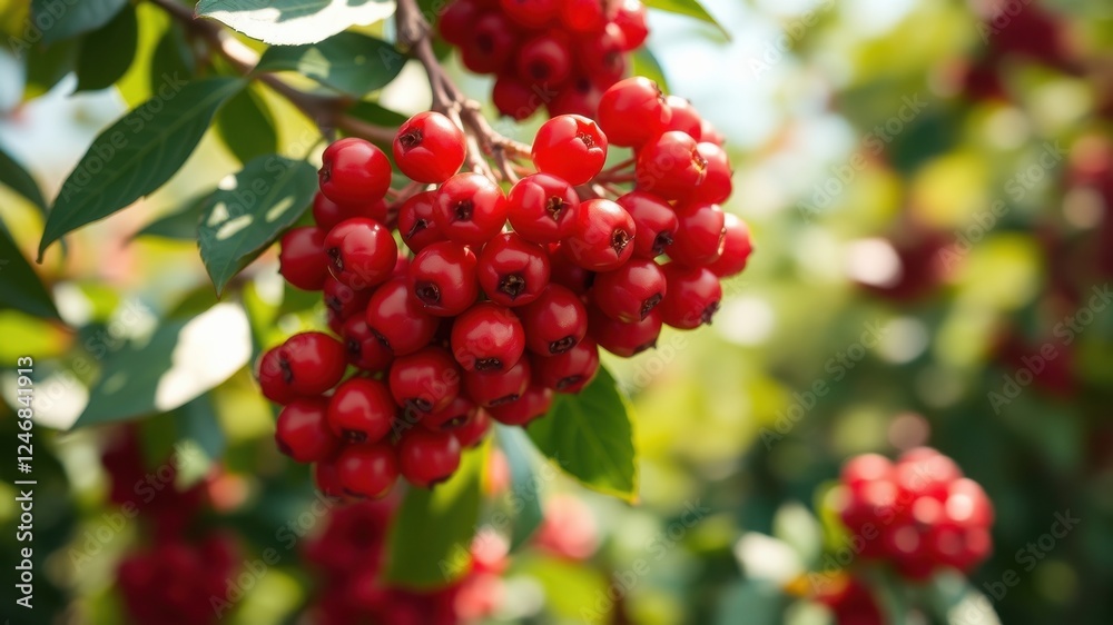 A vibrant cluster of ripe red berries hangs heavily from a branch, surrounded by lush green foliage A vibrant cluster of ripe red berries hangs heavily from a branch, surrounded by lush green foliage