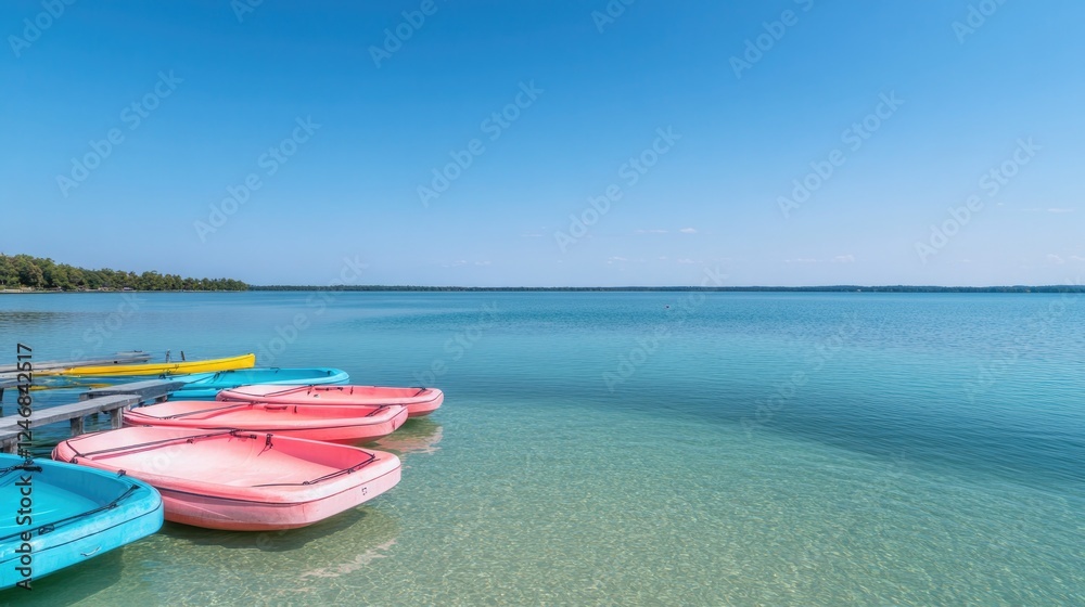 lineup of colorful paddle boats docked at lakeside rental station clean blue skies and clear water adding vibrancy lineup of colorful paddle boats docked at lakeside rental station clean blue skies and clear water adding vibrancy