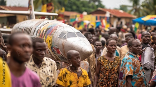 Mourners carrying a custom built airplane shaped coffin during a vibrant ghanaian funeral procession, showcasing unique cultural traditions and beliefs surrounding death and the afterlife