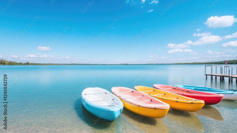 lineup of colorful paddle boats docked at lakeside rental station clean blue skies and clear water adding vibrancy lineup of colorful paddle boats docked at lakeside rental station clean blue skies and clear water adding vibrancy