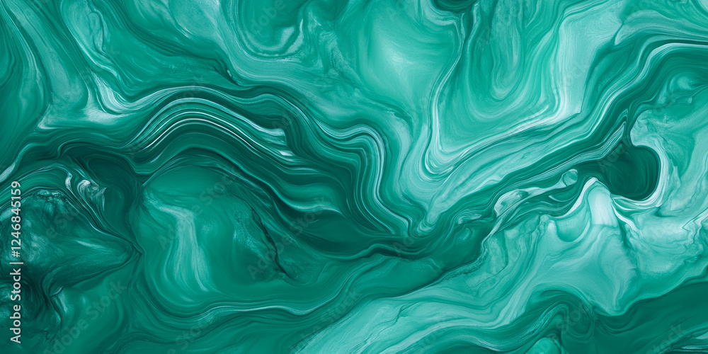 Obraz premium A bright jade green background with smooth, flowing lines resembling liquid, evoking a sense of fluidity and movement. The design works perfectly for wellness visuals, fluid art, or nature-inspired