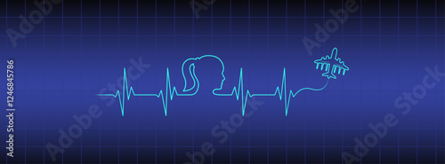 Editable line blue ekg monitor, cardio diagnosis, people head airplane vector. Heart rhythm line vector design to use for healthcare, healthy lifestyle, medicine, ekg, ecg illustration projects. 