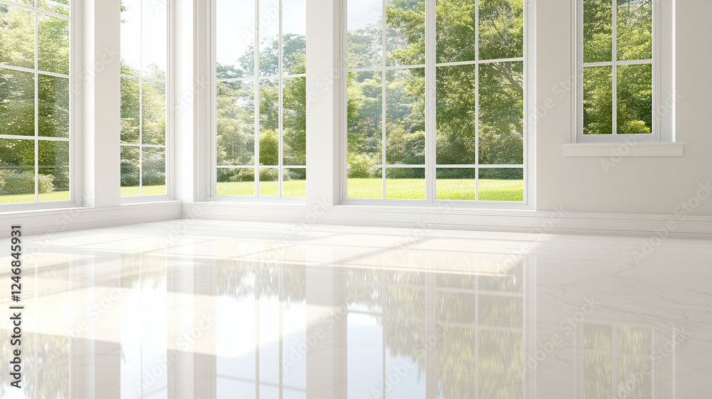 Fototapeta premium Bright and spacious interior with large windows showcasing lush green landscape outside. polished floor reflects natural light, creating serene atmosphere