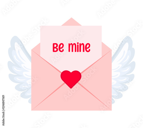 Love envelope with wings. Be mine. Color vector illustration on white background.