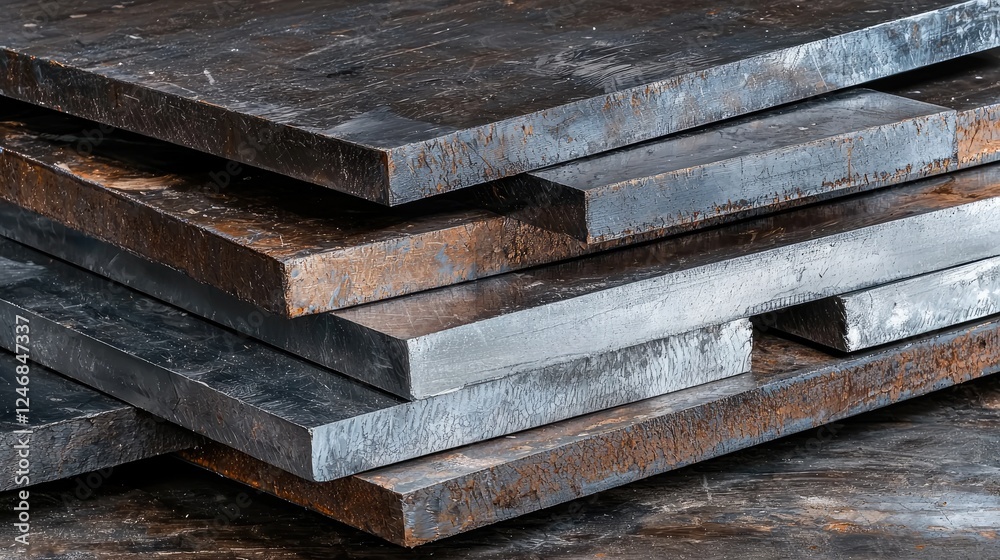 Stacked steel plates in factory. Industrial metal texture background Stacked steel plates in factory. Industrial metal texture background