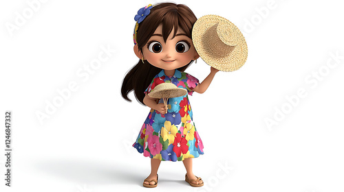 A cartoon girl wearing a flowery dress and holding a straw hat. generated using AI