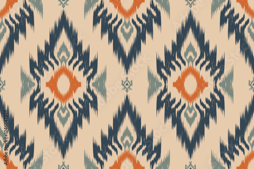 Ethnic abstract ikat fabric artwork with seamless patterns, combining tribal, indigenous and Mexican embroidery with Aztec geometric motifs. Ideal for rugs, wallpapers, throws, fabrics and clothing.