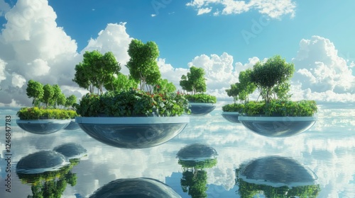 Futuristic floating islands with lush greenery and trees hovering above a reflective water surface under a bright blue sky with clouds photo