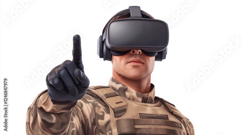 Soldier using VR headset and pointing with one finger, Isolated on White Background Cutout