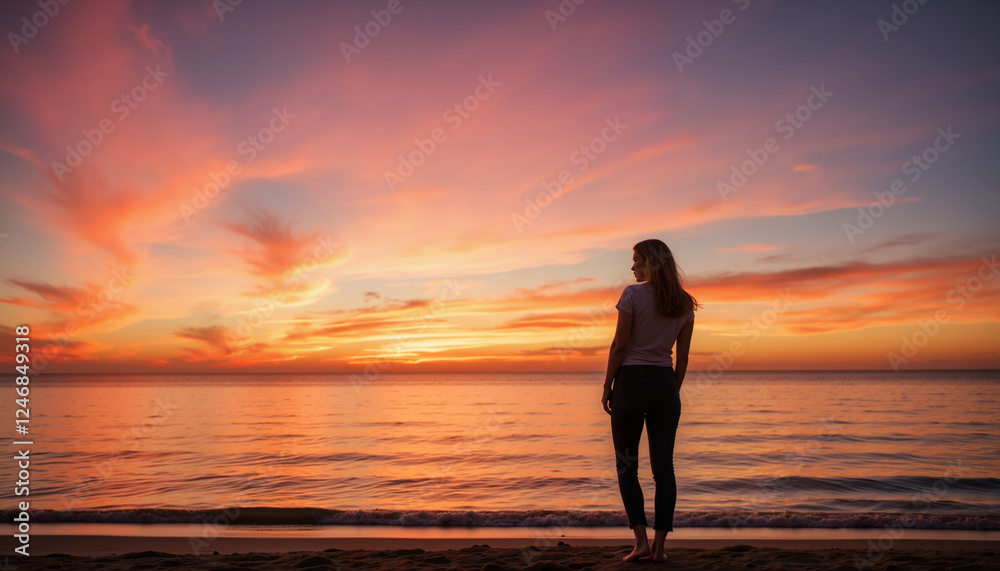 Silhouette of woman gazing at vibrant sunset on beach, tranquility Silhouette of woman gazing at vibrant sunset on beach, tranquility