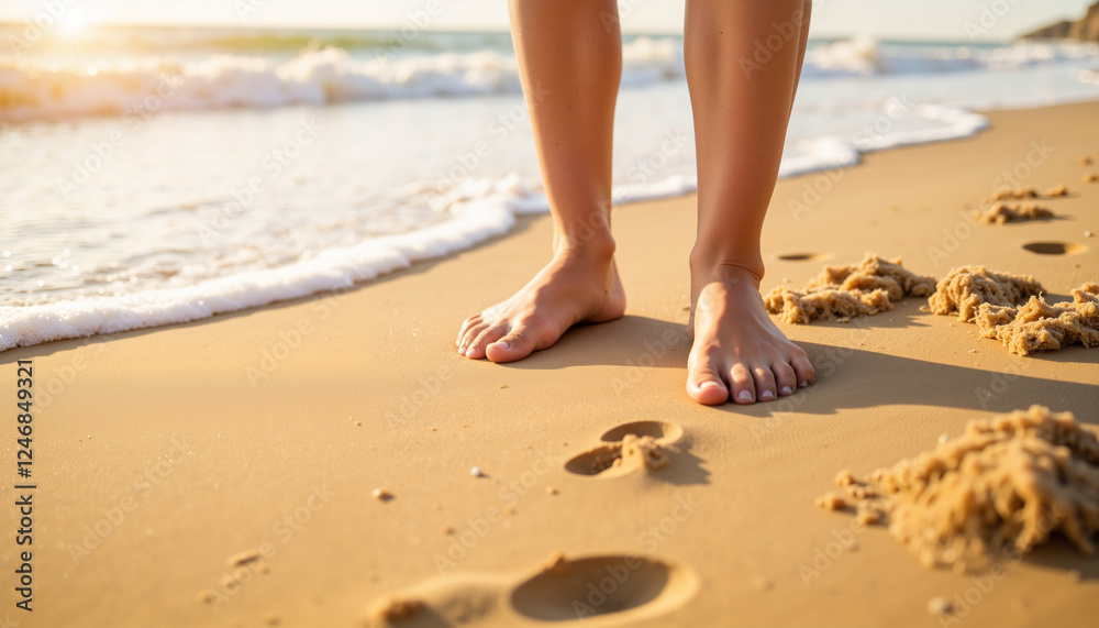 Calm footsteps on sandy beach with gentle waves, nature's tranquility Calm footsteps on sandy beach with gentle waves, nature's tranquility