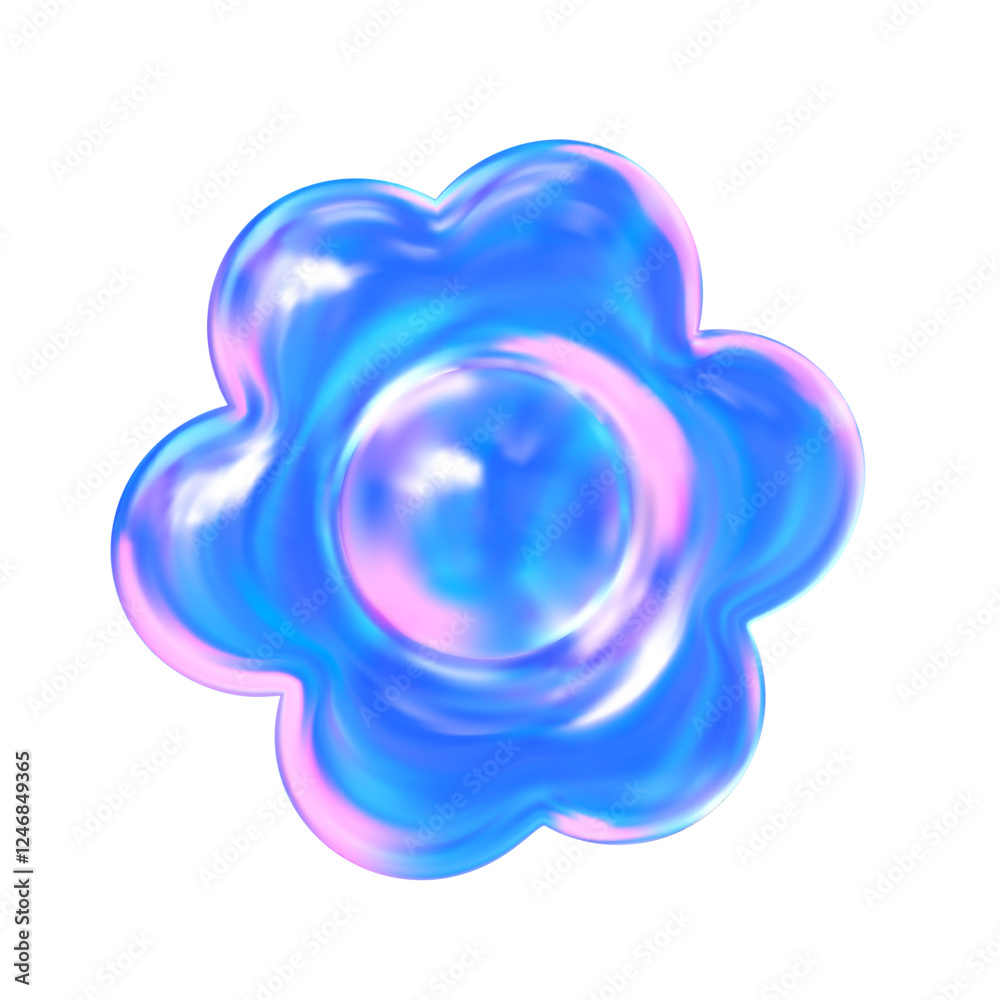 3D holographic inflatable flower in Y2K style. In pink and blue tones. Vector illustration.