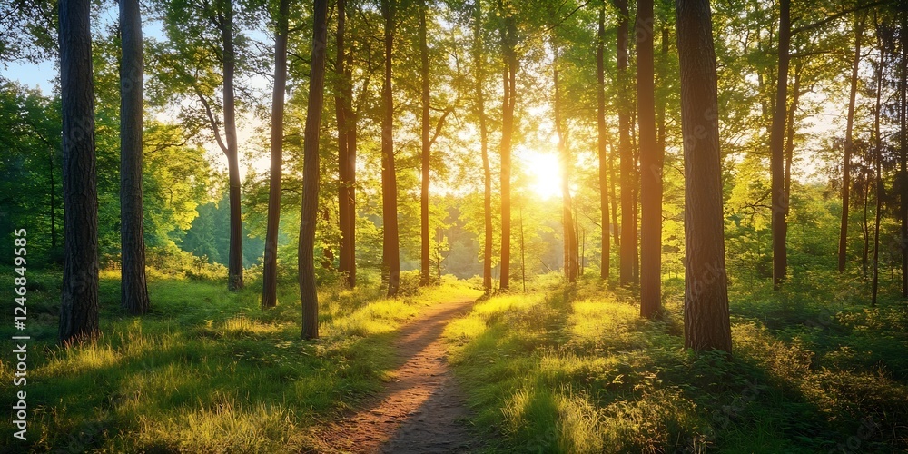 Obraz premium Sunlit Forest Path Through Tranquil Woods Exemplifying Peace and Natural Beauty : Generative AI