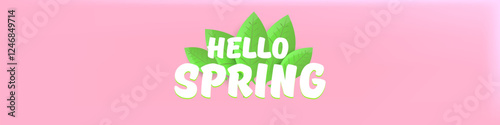 Hello spring pink horizontal banner with text and flowers on soft pink background with pink clouds. hello spring slogan or label isolated on pink background. Springtime banner and header