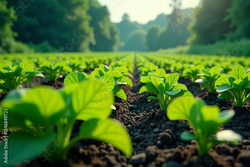 Lush green plants growing in fertile soil under bright sunlight in a serene environment.