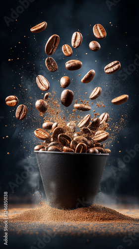 dynamic close-up of roasted coffee beans exploding from a black cup, surrounded by coffee grounds and steam. The dark background enhances the rich brown tones, creating a sense of freshness and energy photo