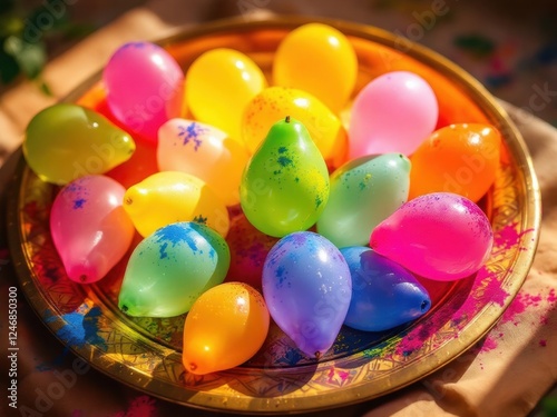 Water balloons filled with vivid Holi colors, neatly arranged on a traditional Indian plate, shot in soft natural daylight, cultural and festive representation.