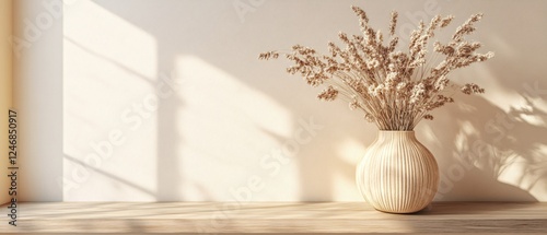 Wallpaper Mural Dried grass in vase on wooden shelf with sunlight casting shadows on beige wall background Torontodigital.ca