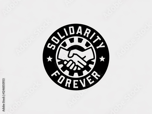 Solidarity forever emblem featuring handshake and gear design with stars