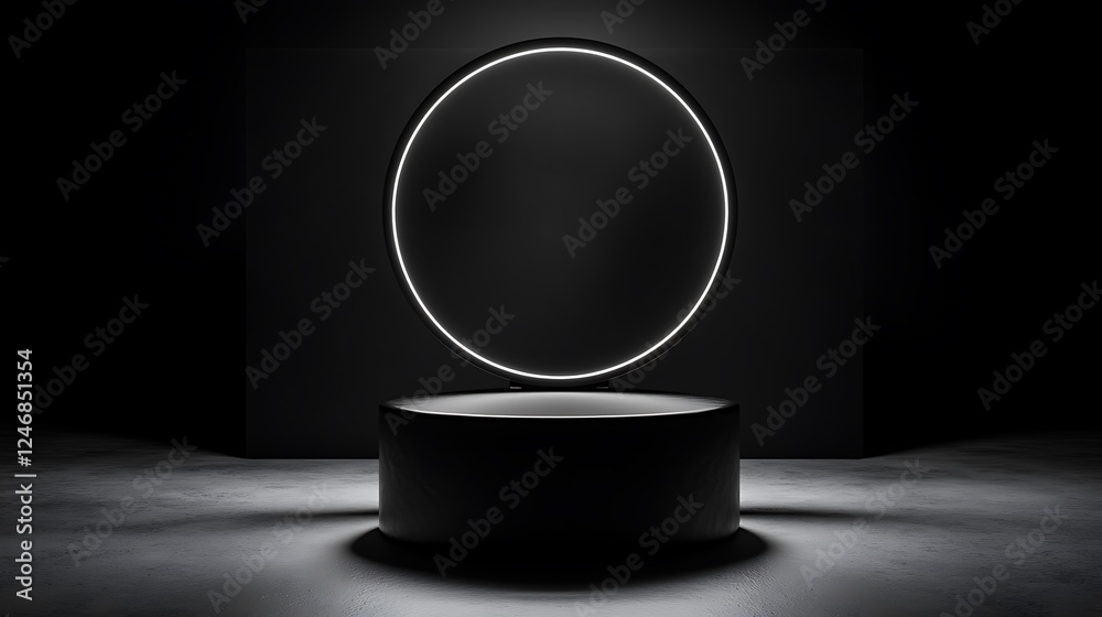Dark room, circle light, podium, display Dark room, circle light, podium, display