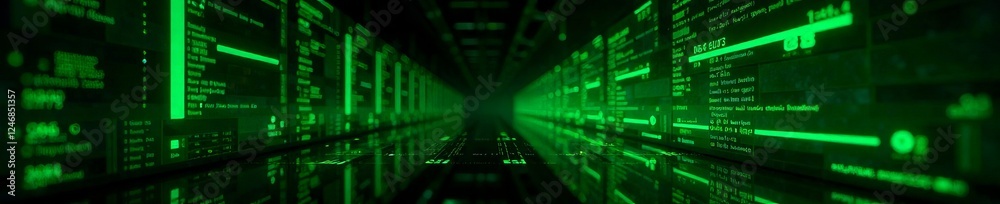 Futuristic digital landscape with glowing green lines representing data flow. Futuristic digital landscape with glowing green lines representing data flow.