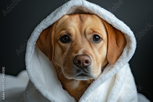 portrait of dog golden retriever in white morning bathrobe with hood on studio background, grooming and hygiene concept photo