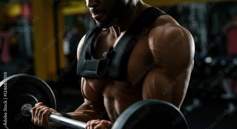 Fototapeta premium Muscular man lifting weights in a gym, showcasing strength and determination