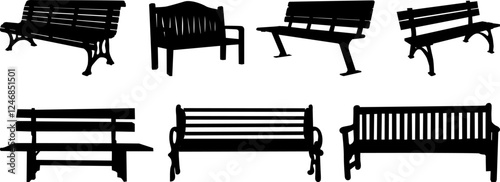 set of benches silhouette on white background vector