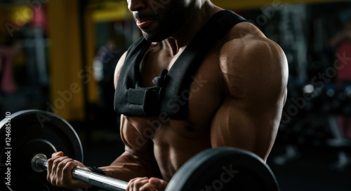 Muscular man lifting weights in a gym, showcasing strength and determination photo