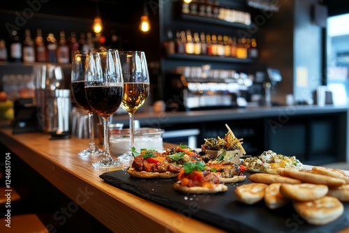 spanish bar with tapas and wine on the table